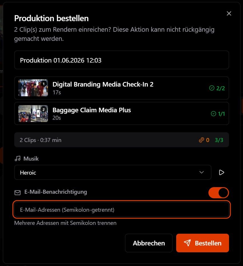 Productie verstuurd, met muziek en e-mailmelding