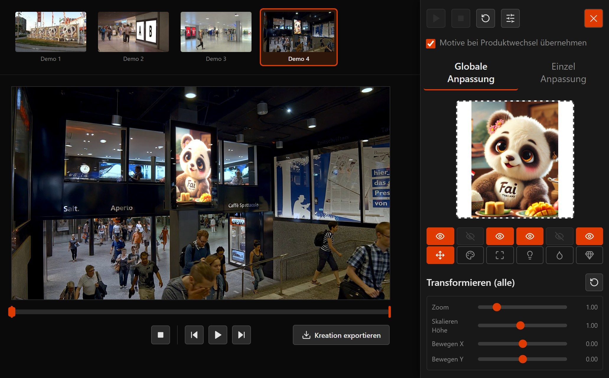 Creative Simulator: ad surface selected from real footage — creative on a digital screen in a station concourse