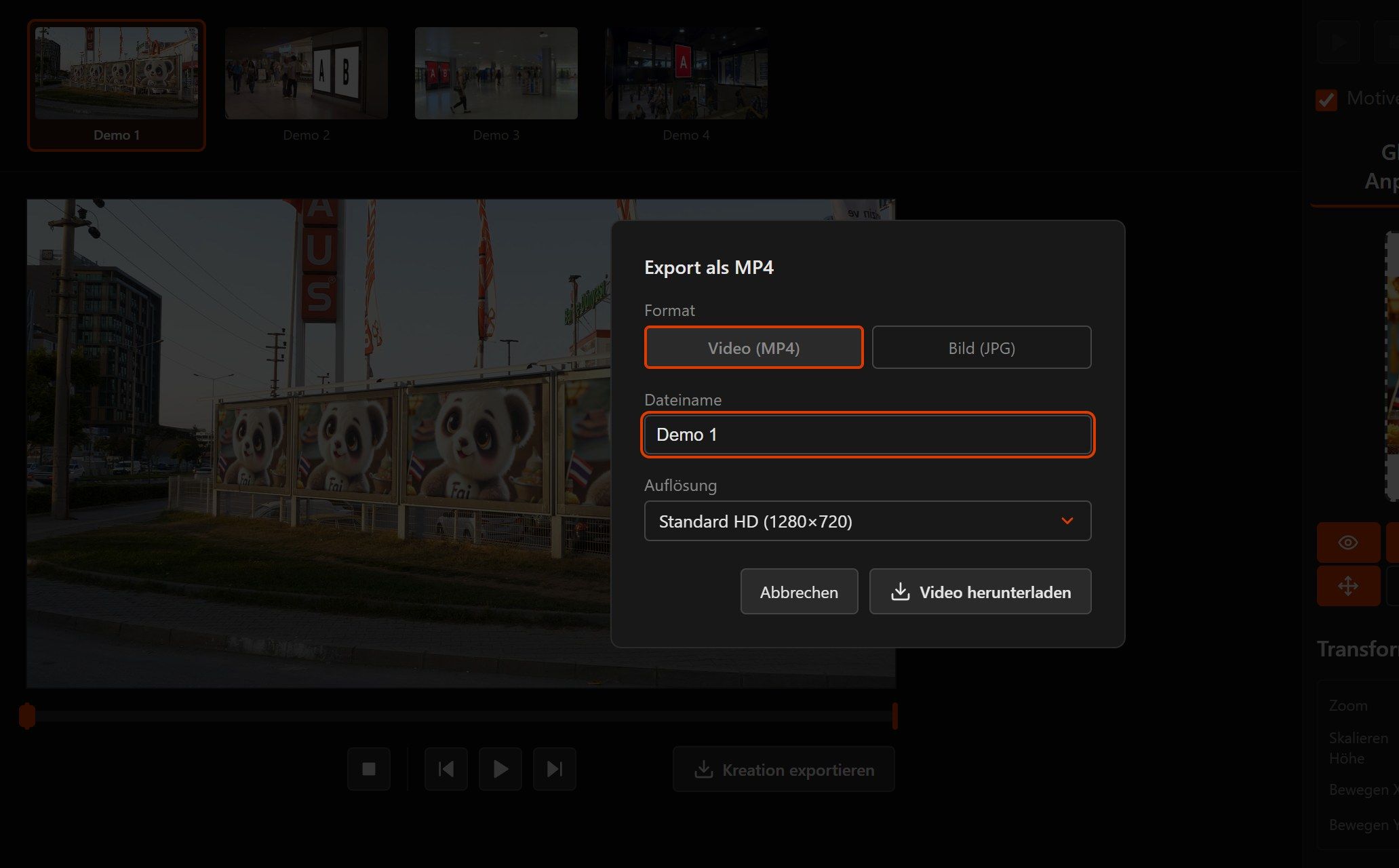 Creative Simulator: export dialog for video (MP4) or image (JPG) in HD